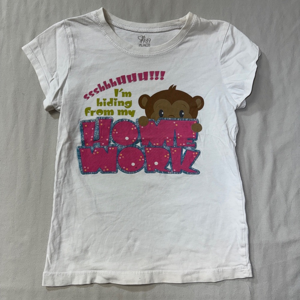 Monkey Hiding from Home Work Shirt Girl’s 5-6 Small Tee Summer Top Cute School